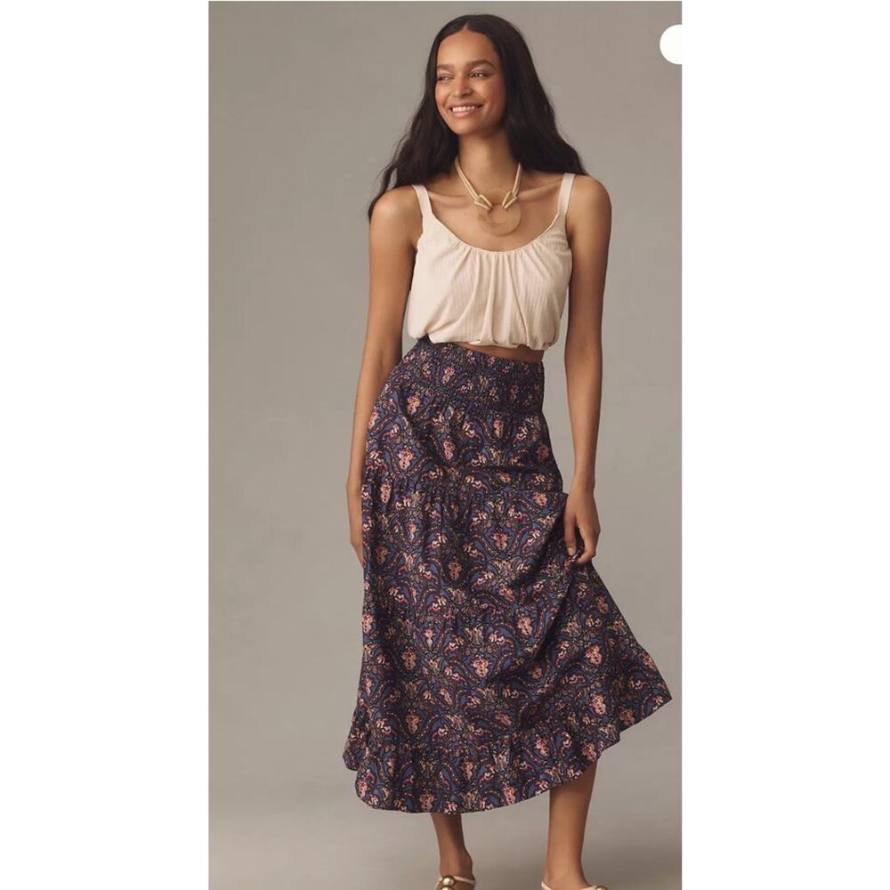 Anthropologie Luelle Maxi Skirt S Blue Butterfly Paisley Smocked Tiered Boho RG